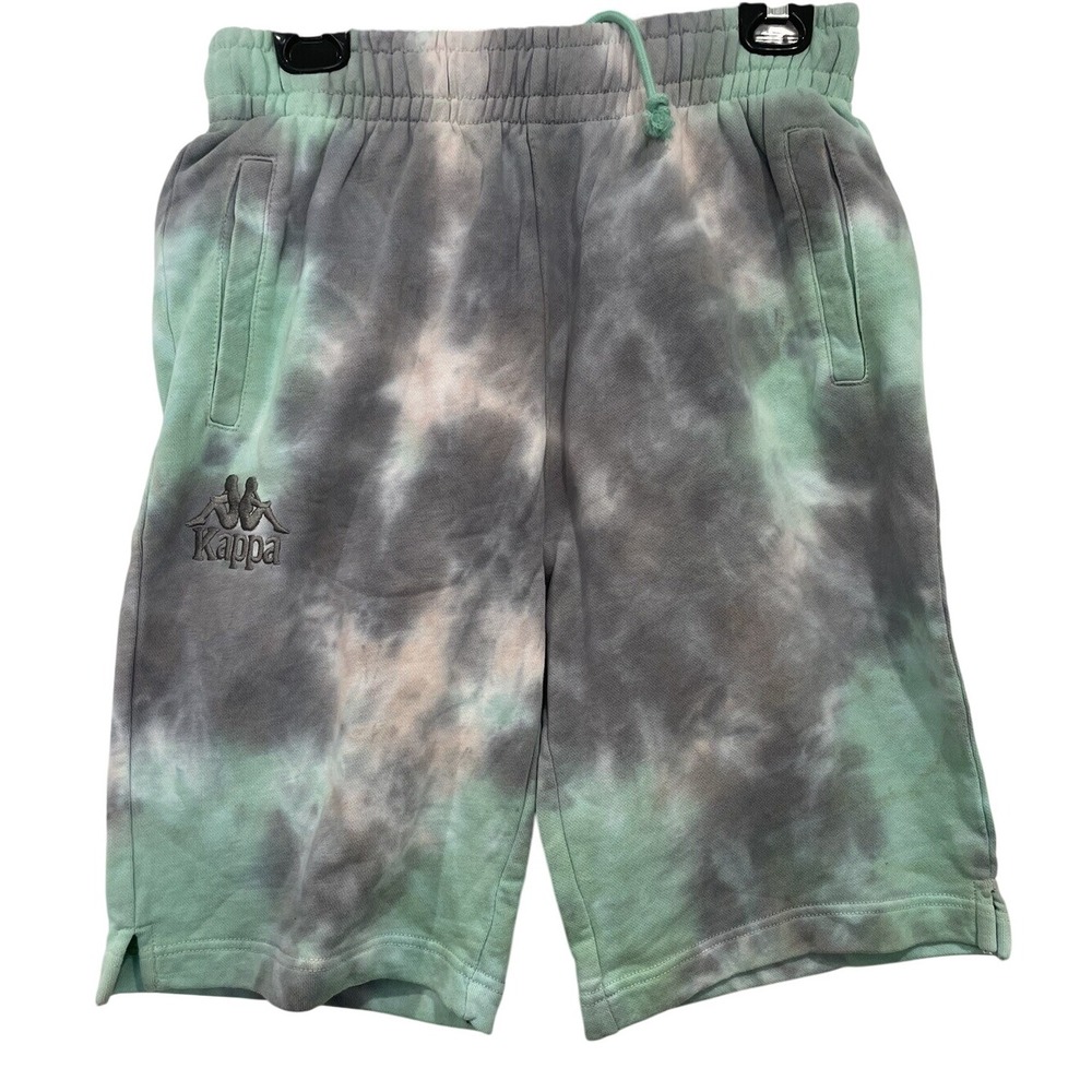 Kappa Men 11"‎ Pink Gray Aqua Logo Woven Terry Active Sweat Shorts Tie Dye Y2K S